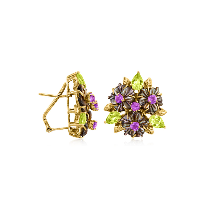 14kt yellow gold flower stud earrings with green and purple multigem stones, side view