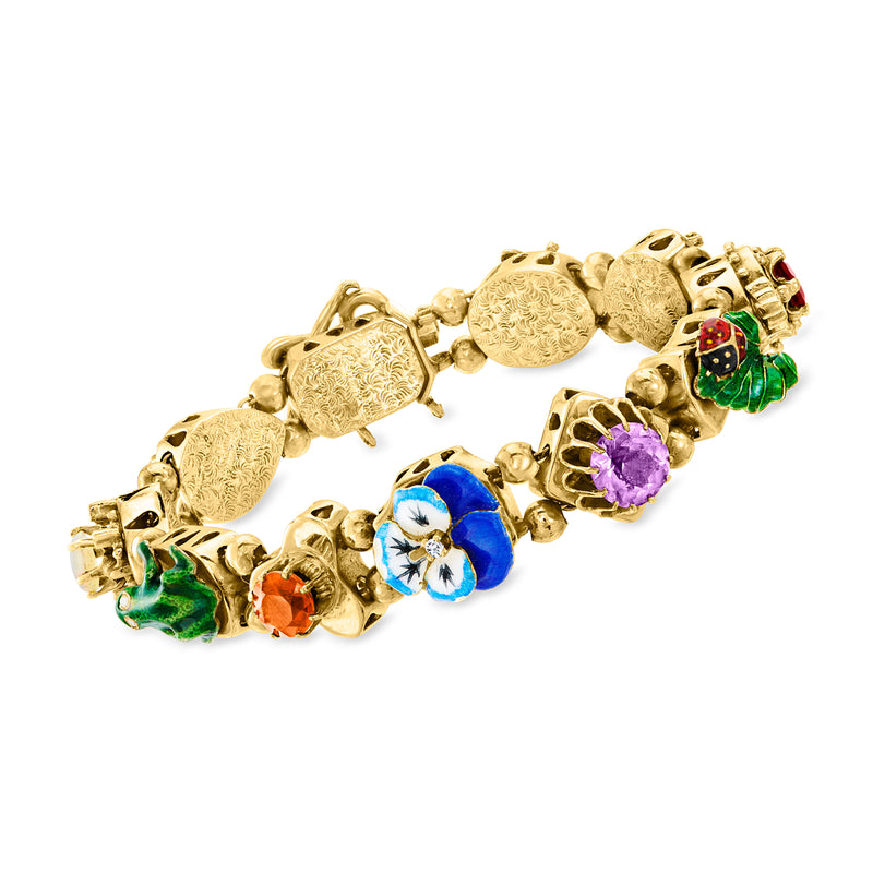 14kt yellow gold bracelet with colorful gemstone and enamel motifs and seed pearls, nature theme