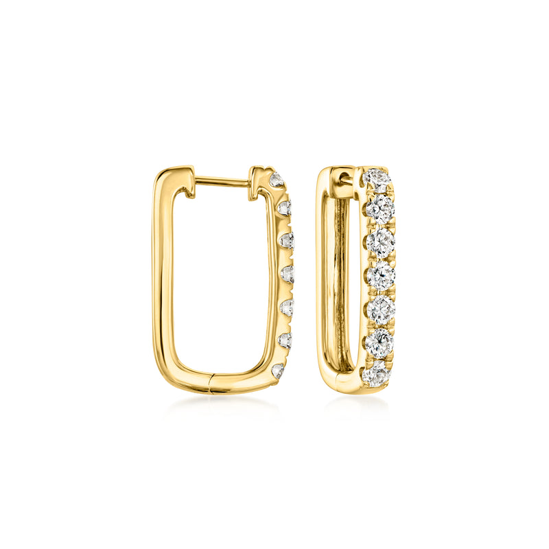 14kt yellow gold hoop earrings with diamond halo and hinge clasp, white stones