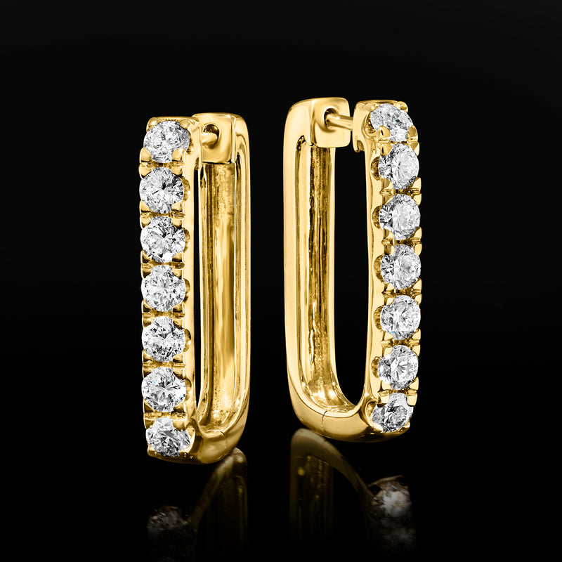 14kt yellow gold hoop earrings with row of round white diamonds along outer edge