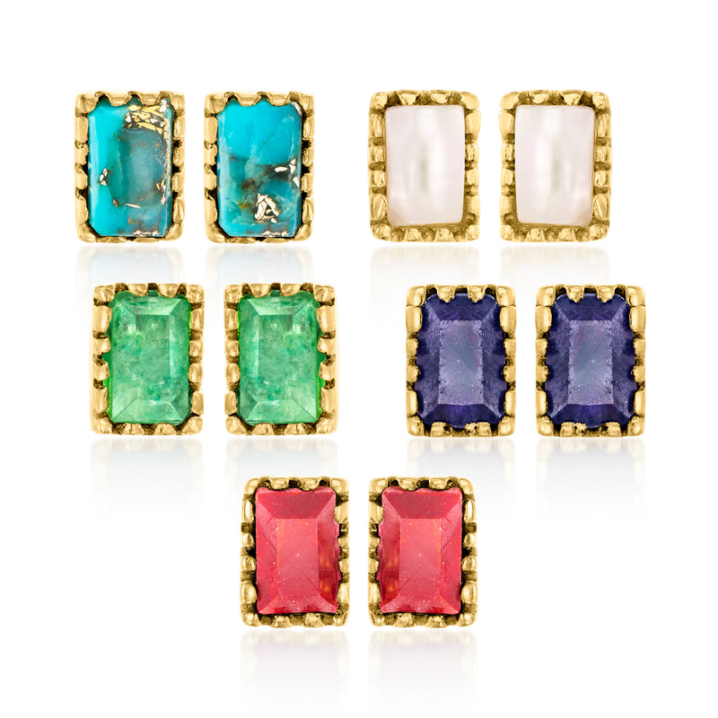 Gold-tone post earrings set, five pairs with blue, green, purple, red square gemstones