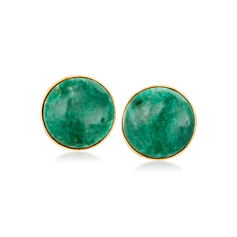 Round green emerald button stud earrings with gold bezel settings
