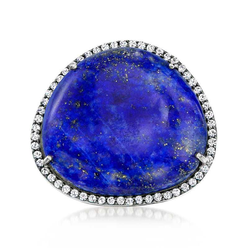 Oval blue lapis zircon halo ring in sterling silver, pave-set border