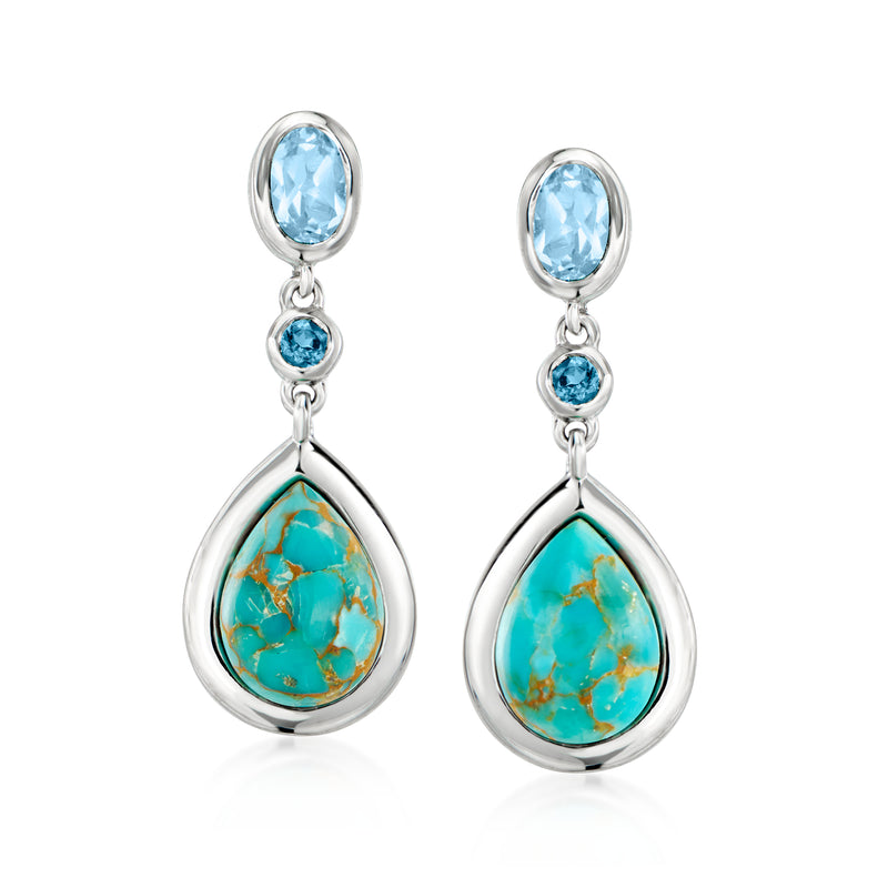 Sterling silver drop earrings with oval blue topaz and turquoise teardrop stones