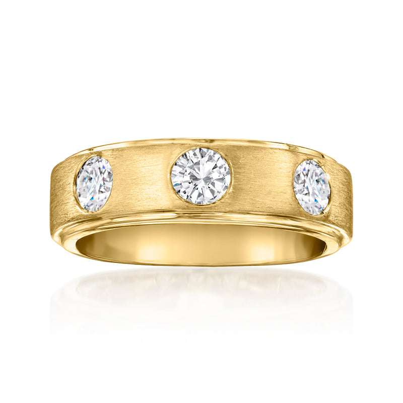 Men's lab-grown diamond trio ring in 14kt yellow gold with three round bezel-set stones