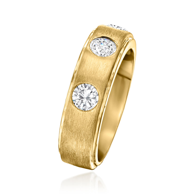 Men's lab-grown diamond trio ring, 14kt yellow gold band with two visible round bezel-set diamonds