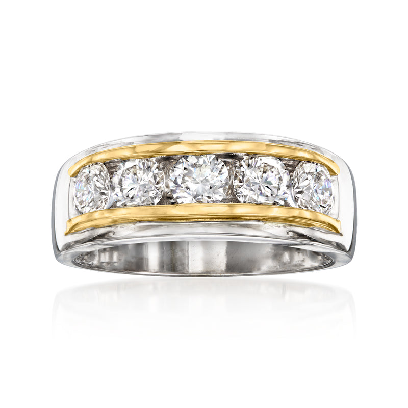 Men's two-tone gold diamond ring with row of round lab-grown diamonds, gold border