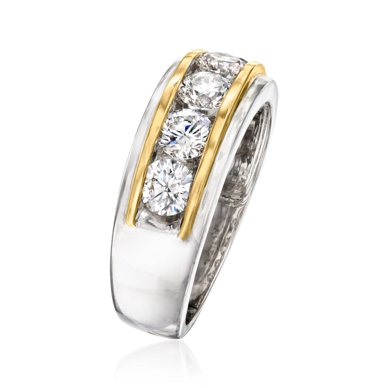 Men's two-tone gold diamond ring with three round stones in raised yellow-gold bezel