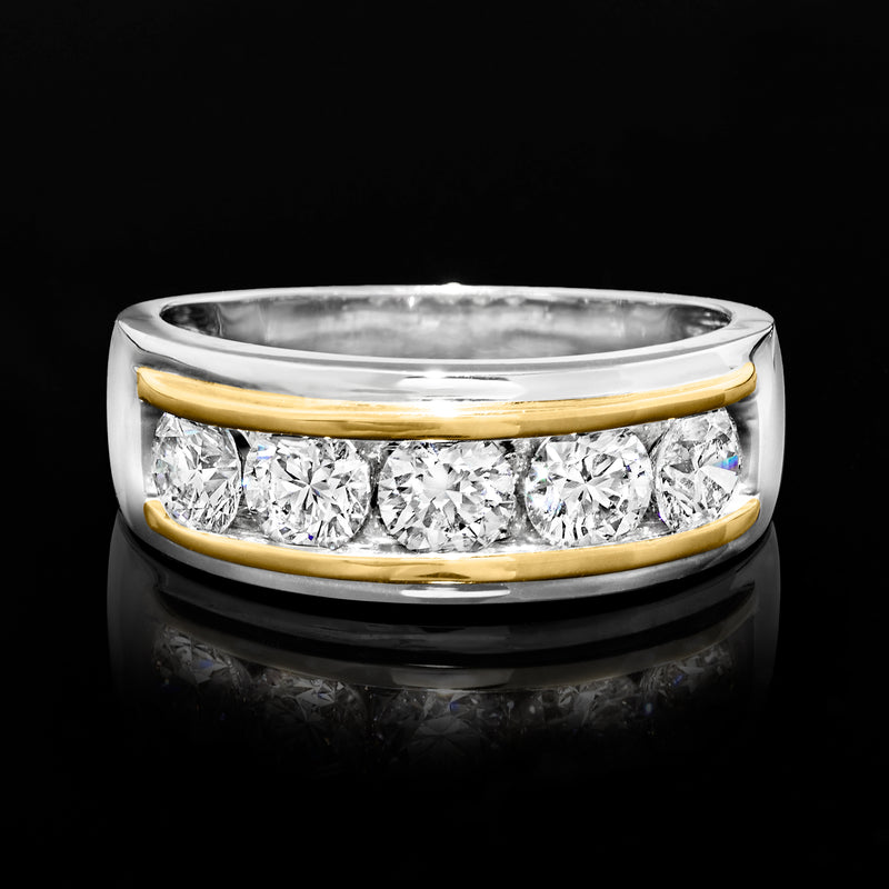 Men's two-tone gold diamond ring with five round lab-grown diamonds and yellow-gold accents