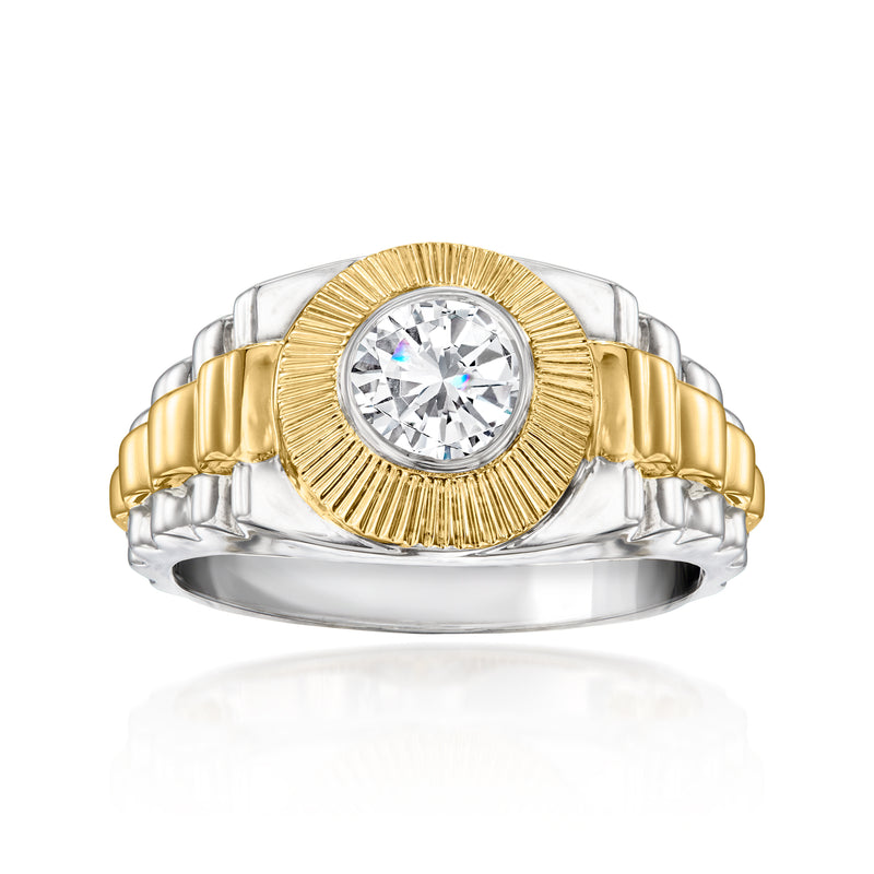 Two-tone gold step-style diamond ring with round center stone and textured halo
