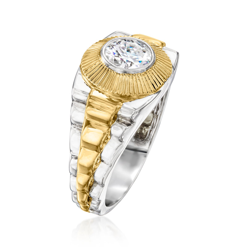 Two-tone gold and silver step-style ring with round center diamond and sunburst halo