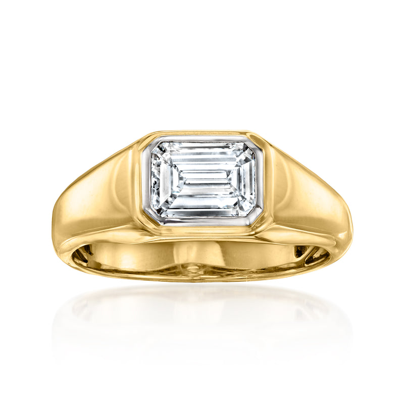 14kt yellow gold emerald-cut lab-grown diamond ring, square stone bezel setting