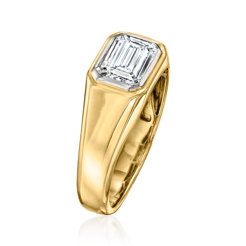 14kt yellow gold emerald-cut lab-grown diamond ring, side view of bezel-set square stone
