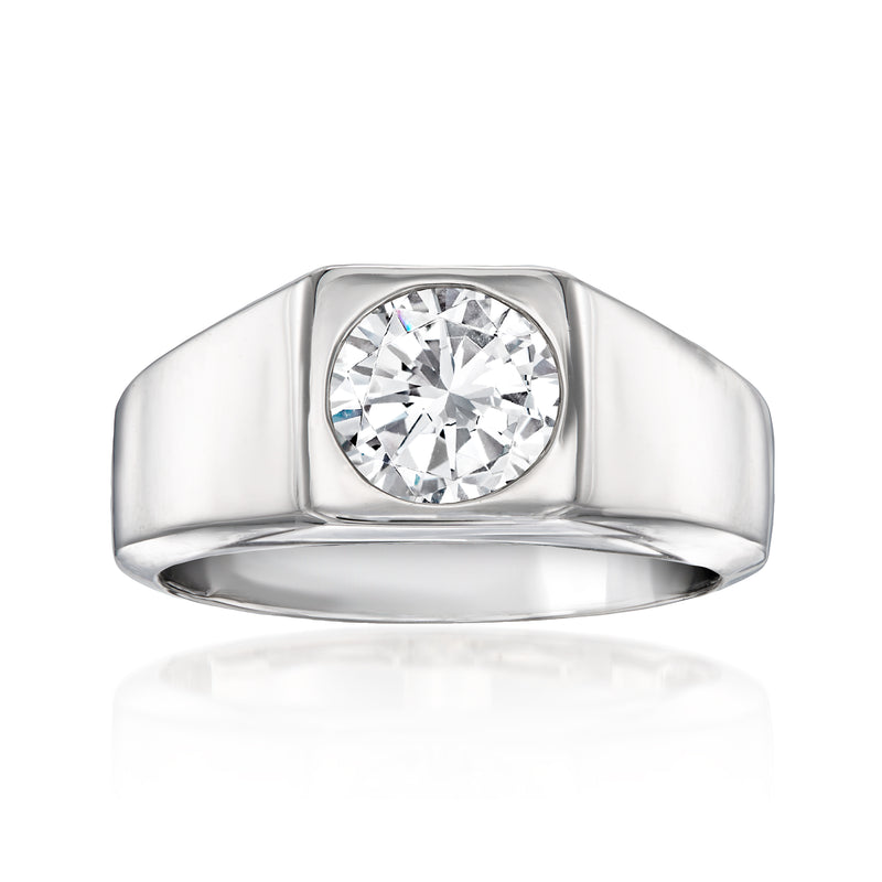 14kt white gold bezel-set diamond ring with round center stone, polished band