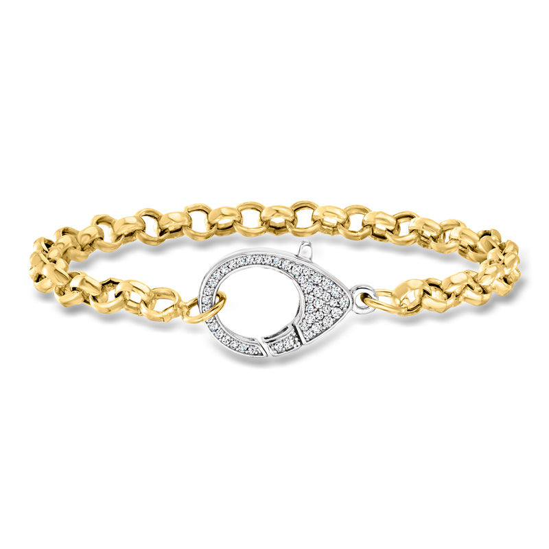 Gold-tone link bracelet with CZ-encrusted round lobster clasp, oval setting