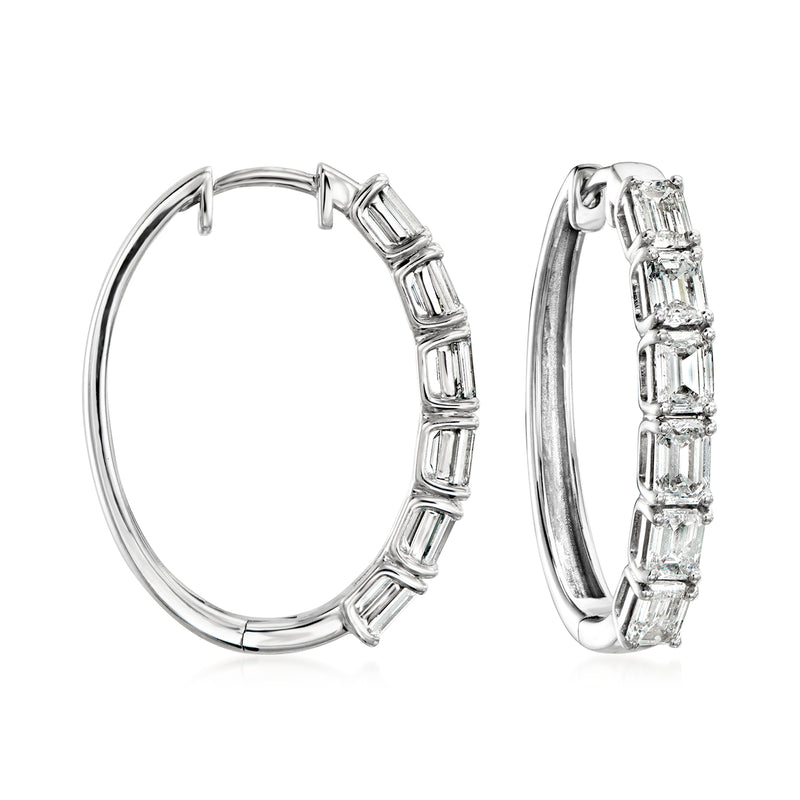 14kt white gold hoop earrings with emerald-cut rectangular stones along the hoop