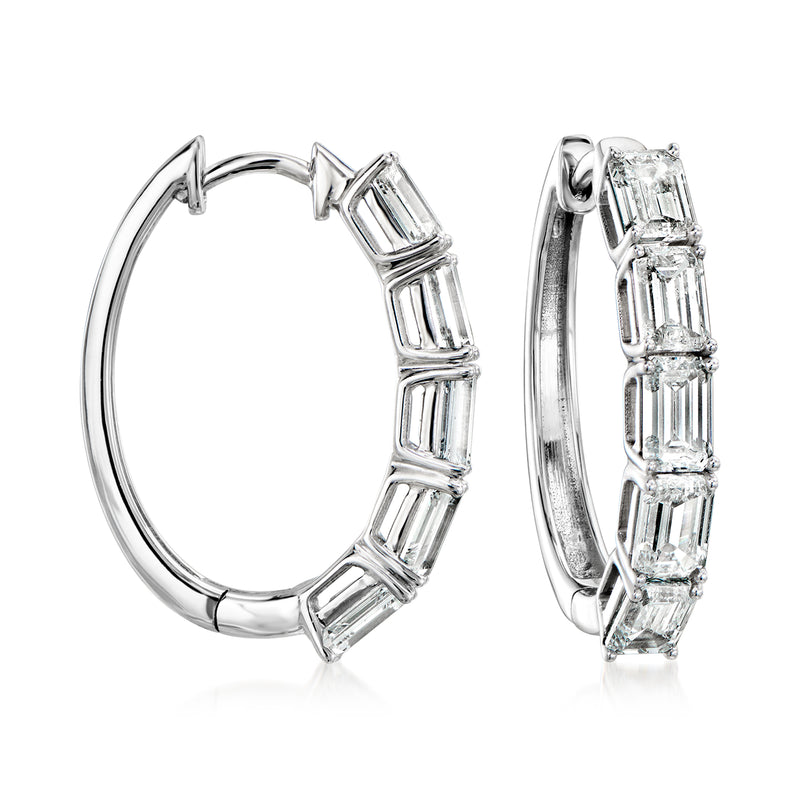 14kt white gold hoop earrings with emerald-cut lab-grown diamond row