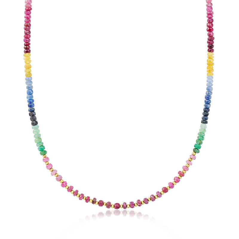 Multi-gemstone bead necklace with colorful round beads in a continuous loop