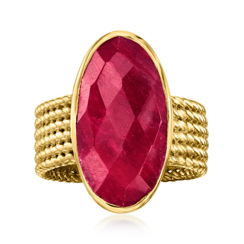 Oval ruby red gemstone ring in gold over sterling with braided band