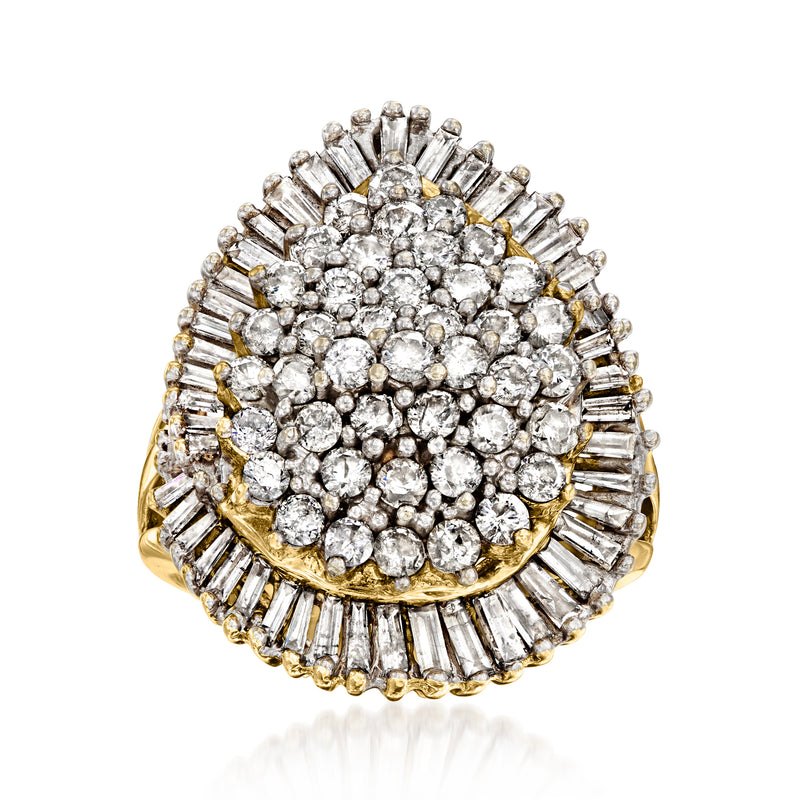 Vintage 14kt yellow gold diamond cluster ring with round and baguette stones
