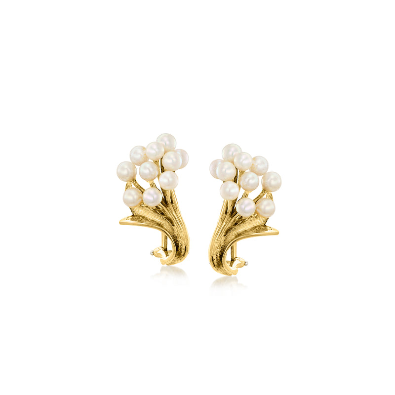 Vintage yellow gold pearl cluster earrings with curved prongs and round white pearls