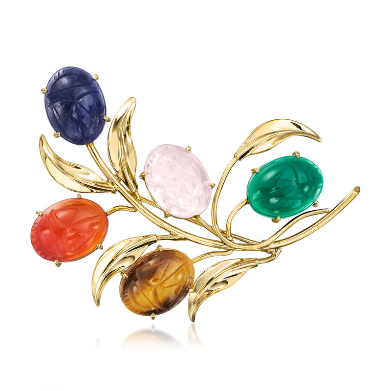 14kt yellow gold gemstone beetle pin with blue, green, pink, and orange cabochons