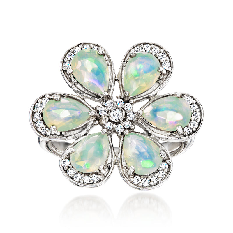 Sterling silver flower ring with five opalescent oval stones and crystal accents