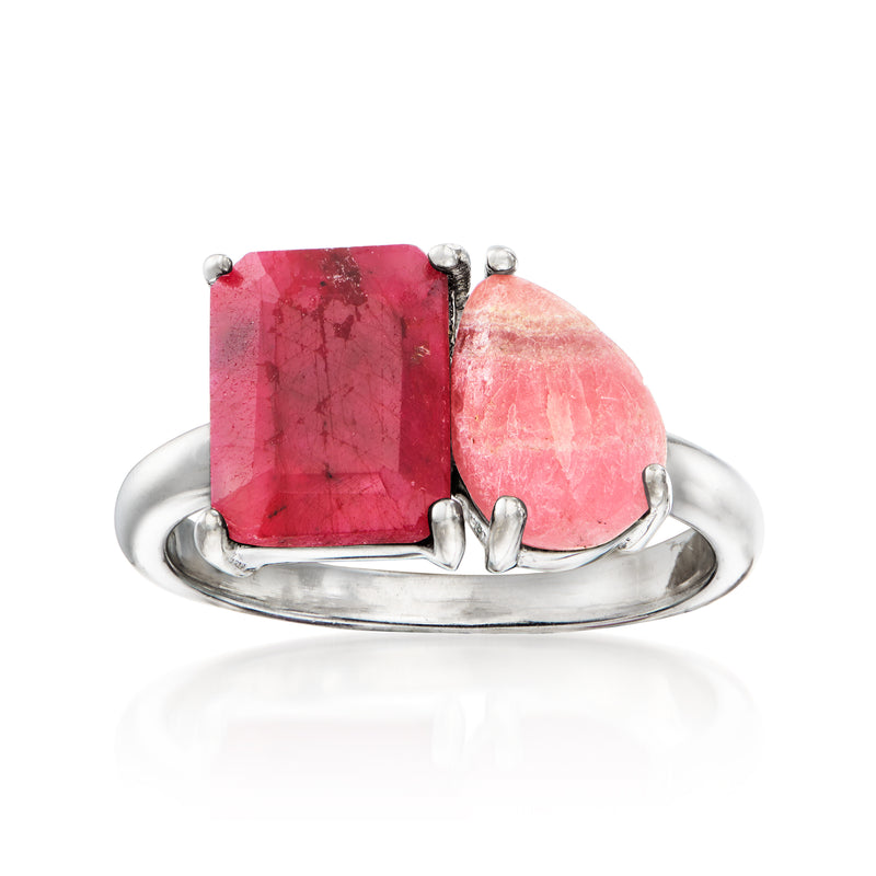 Sterling silver toi et moi ring with square red stone and pear-shaped pink stone