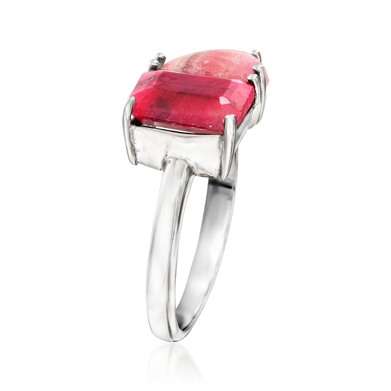 Sterling silver ring with faceted red rectangular stone in four-prong setting