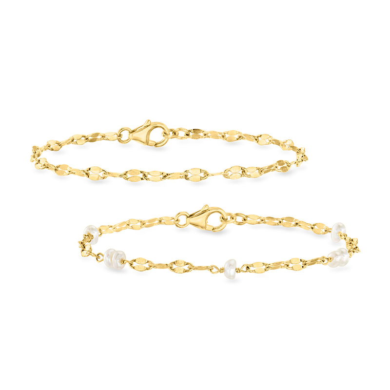 Gold over sterling chain bracelet set with small round cultured pearls, spring clasp