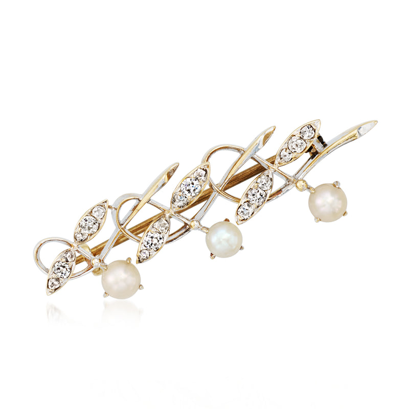 Vintage yellow gold pin with cultured pearls and diamond accents