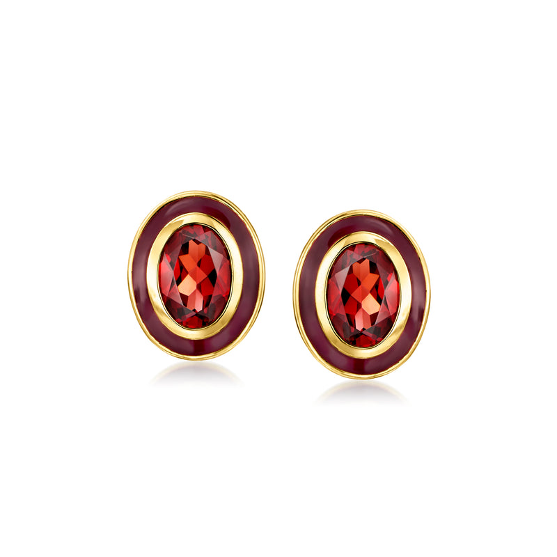 Oval garnet red gemstone stud earrings with burgundy enamel bezel in gold-tone setting