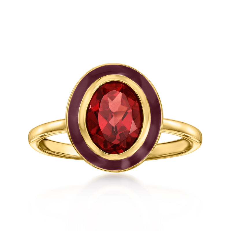 Gold over sterling ring with oval red gemstone and burgundy enamel oval bezel