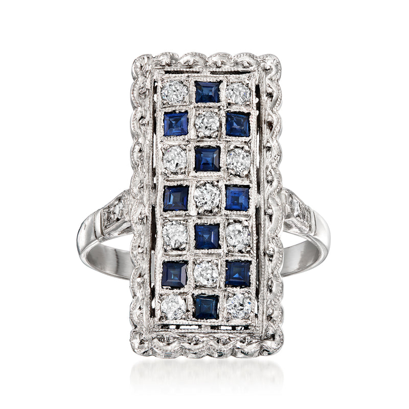 Vintage platinum rectangle ring with blue square sapphires and white diamonds