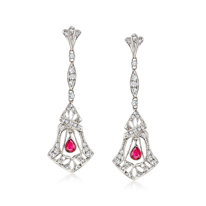 Platinum vintage drop earrings with red ruby center and diamond accents