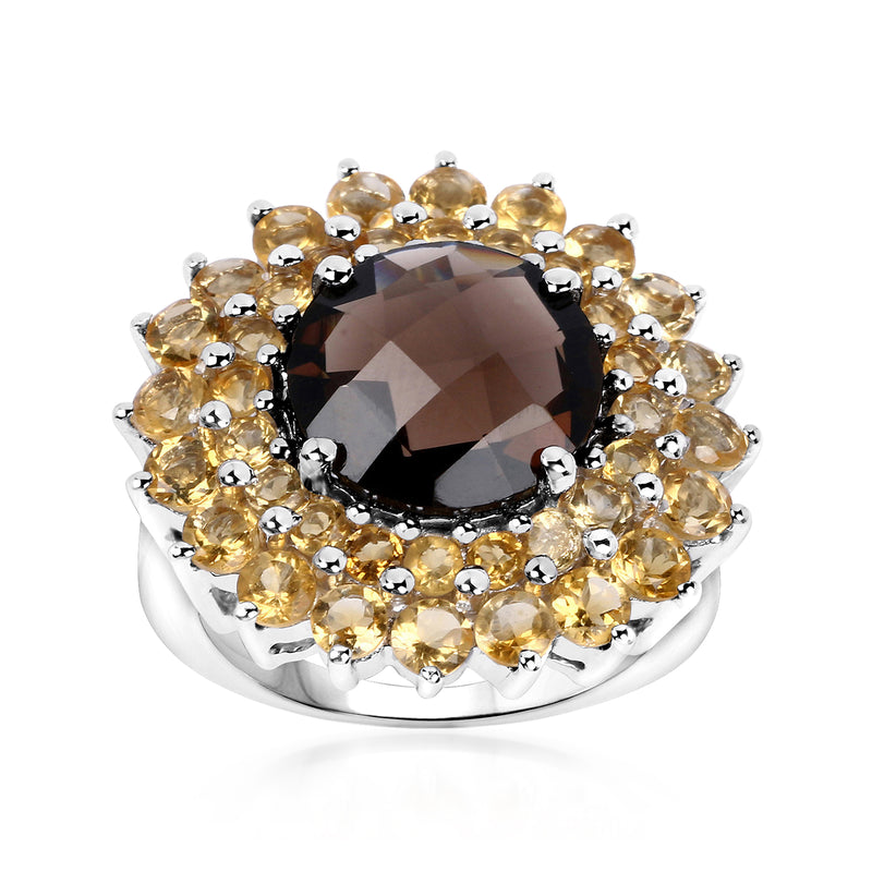 Sterling silver ring with pear smoky quartz center and citrine sunflower halo