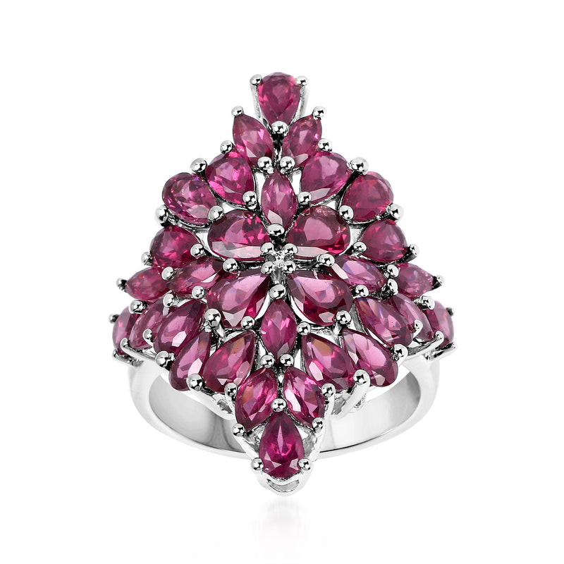 Sterling silver cluster ring with pink rhodolite teardrop stones
