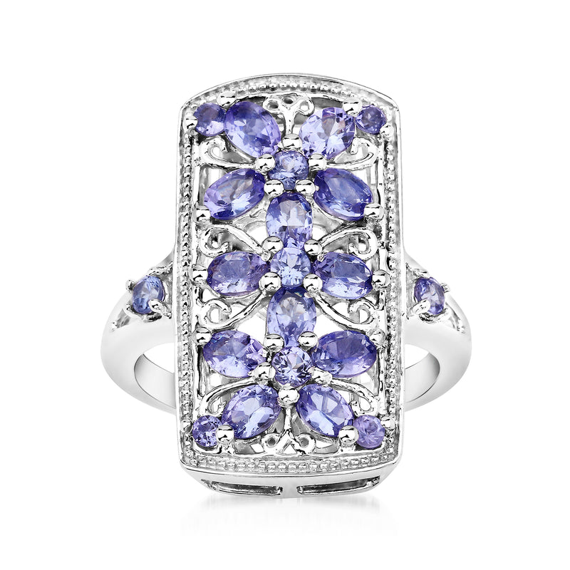 Sterling silver tanzanite rectangular flower ring with blue oval stones