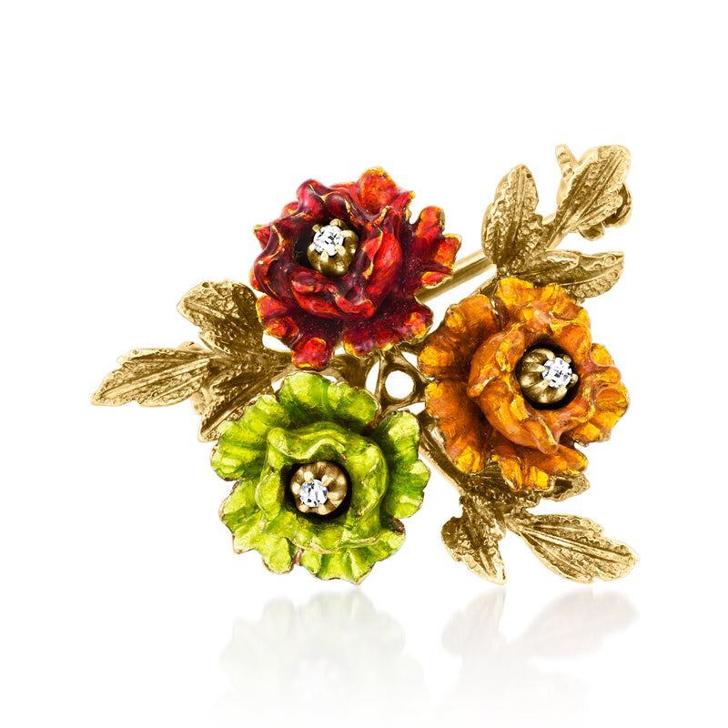 Multicolored enamel floral pin with yellow-gold leaves and diamond-like center