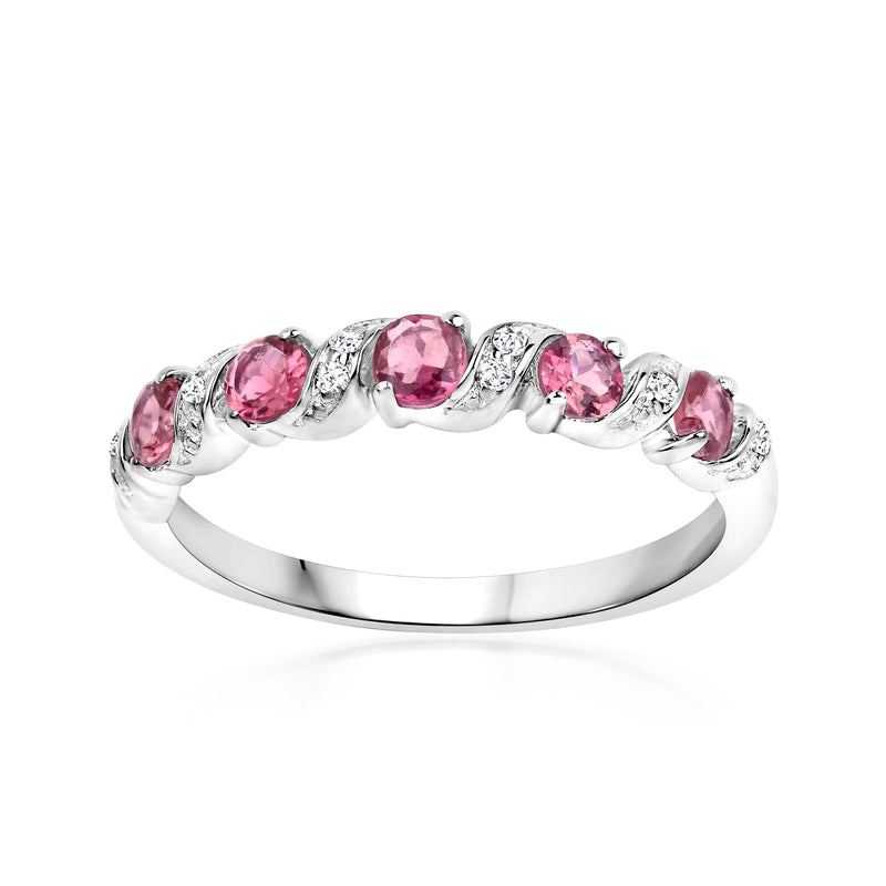 Sterling silver swirl ring with pink tourmaline center stones and white topaz accents