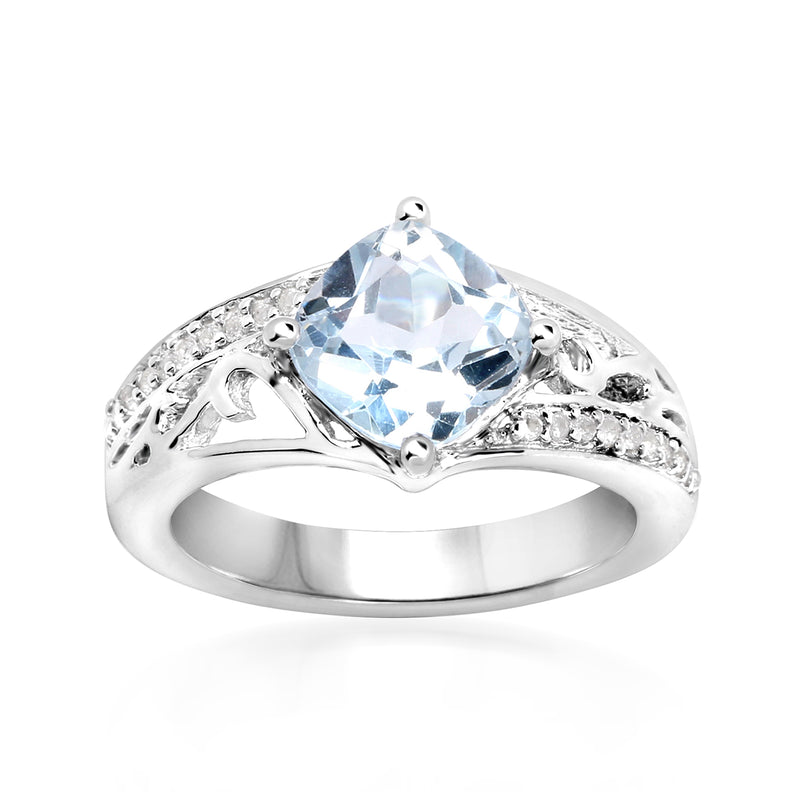Sterling silver ring with large sky-blue topaz center and clear topaz side accents