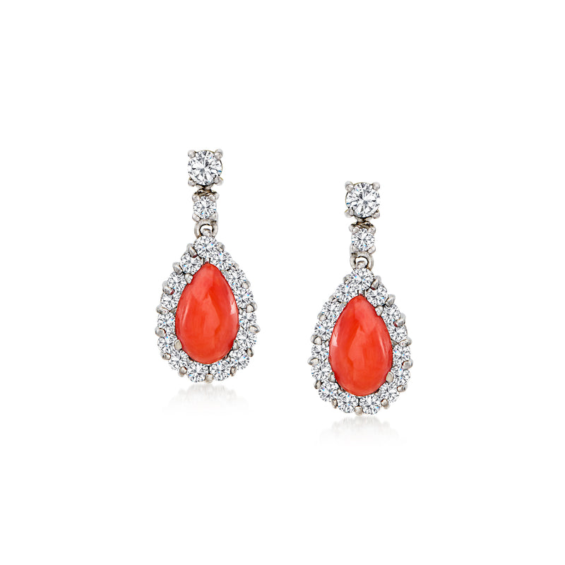 Red coral teardrop drop earrings with diamond halo and sparkling dangling accents