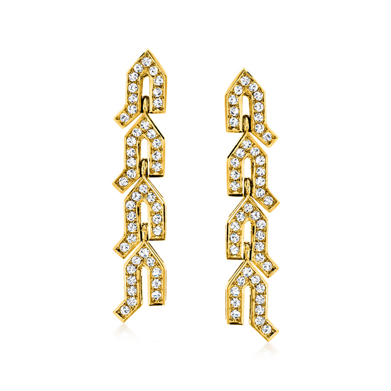 18kt yellow gold geometric diamond linear drop earrings, vertical chevron motif