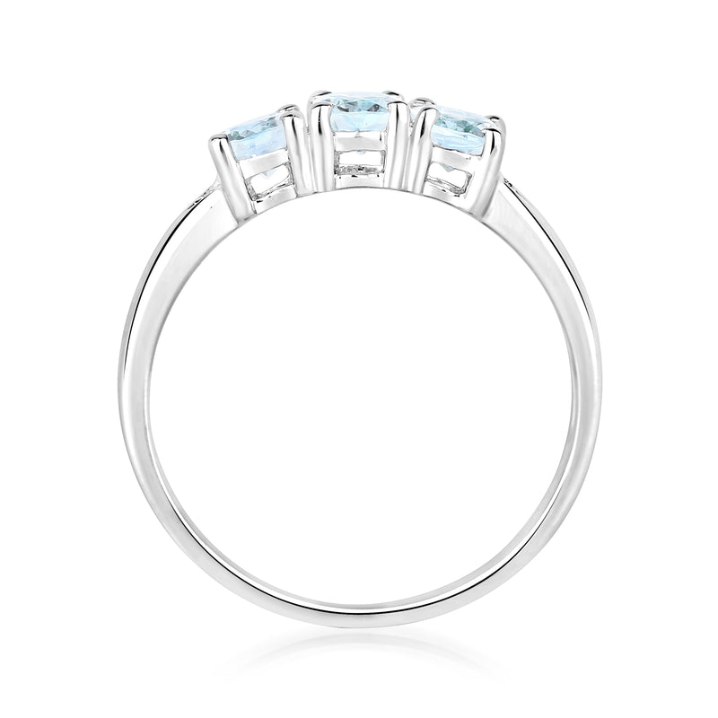 Sterling silver aquamarine three-stone ring with four-prong gemstone bezels, top view