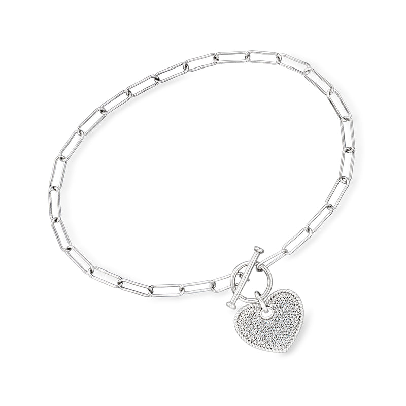 Sterling silver heart toggle bracelet with diamond-like sparkle heart charm