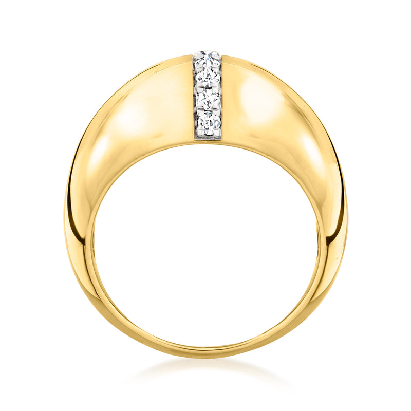 Gold over sterling diamond stripe ring, top view of open band