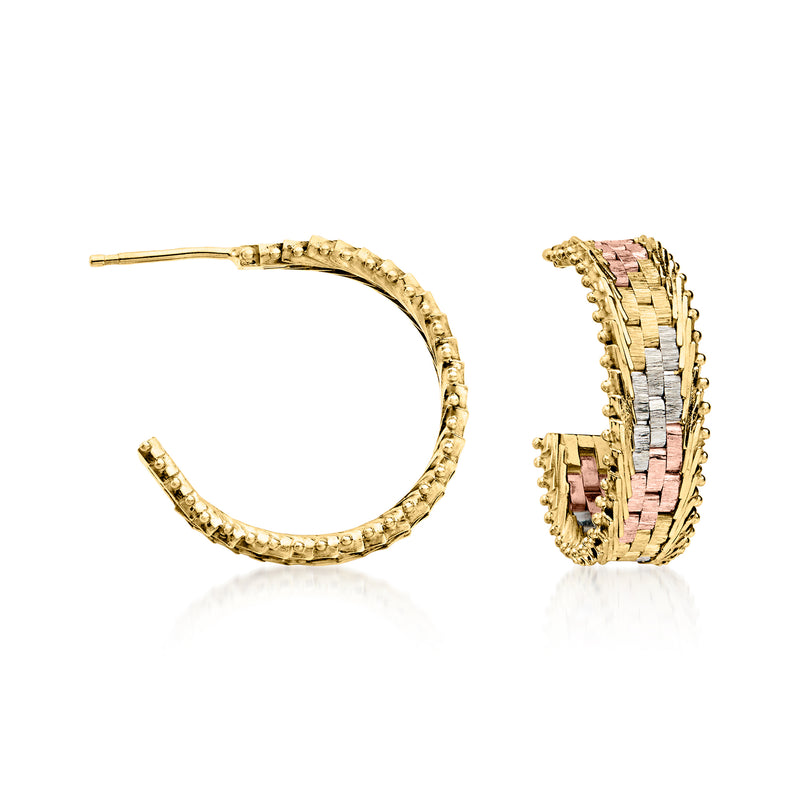 Tri-colored gold basketweave hoop post earrings with pink accents