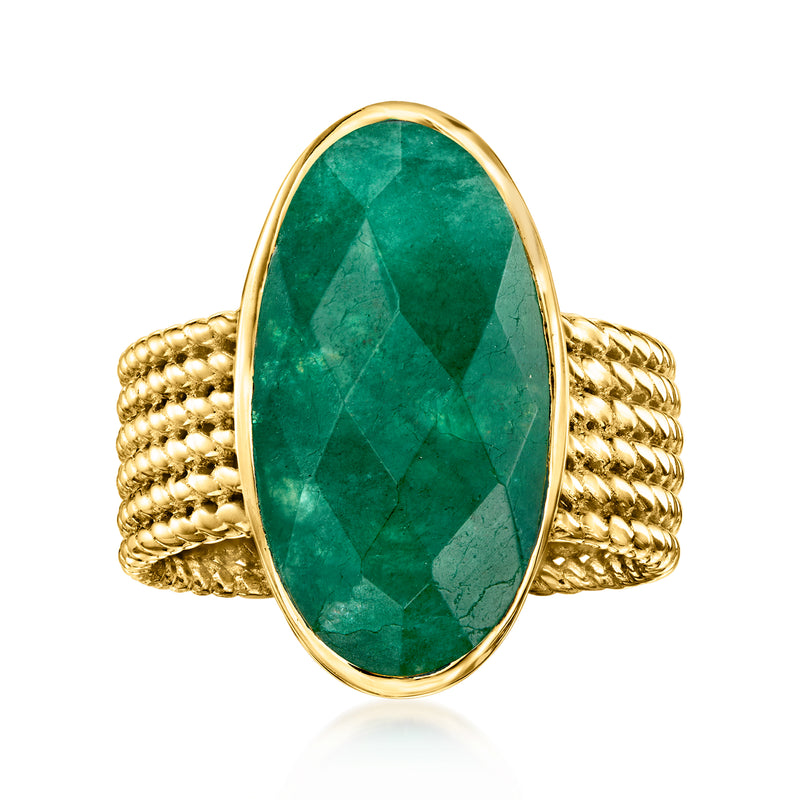 Oval emerald-cut green gemstone ring with gold-toned braided band, bezel set