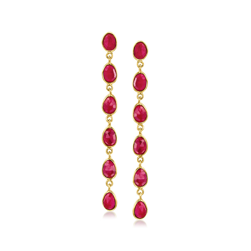 Gold drop earrings with five oval ruby-red stones on a linked chain