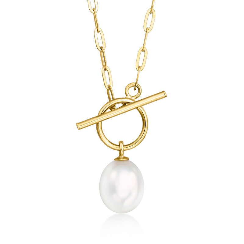 14kt yellow gold necklace with cultured pearl and bar toggle clasp